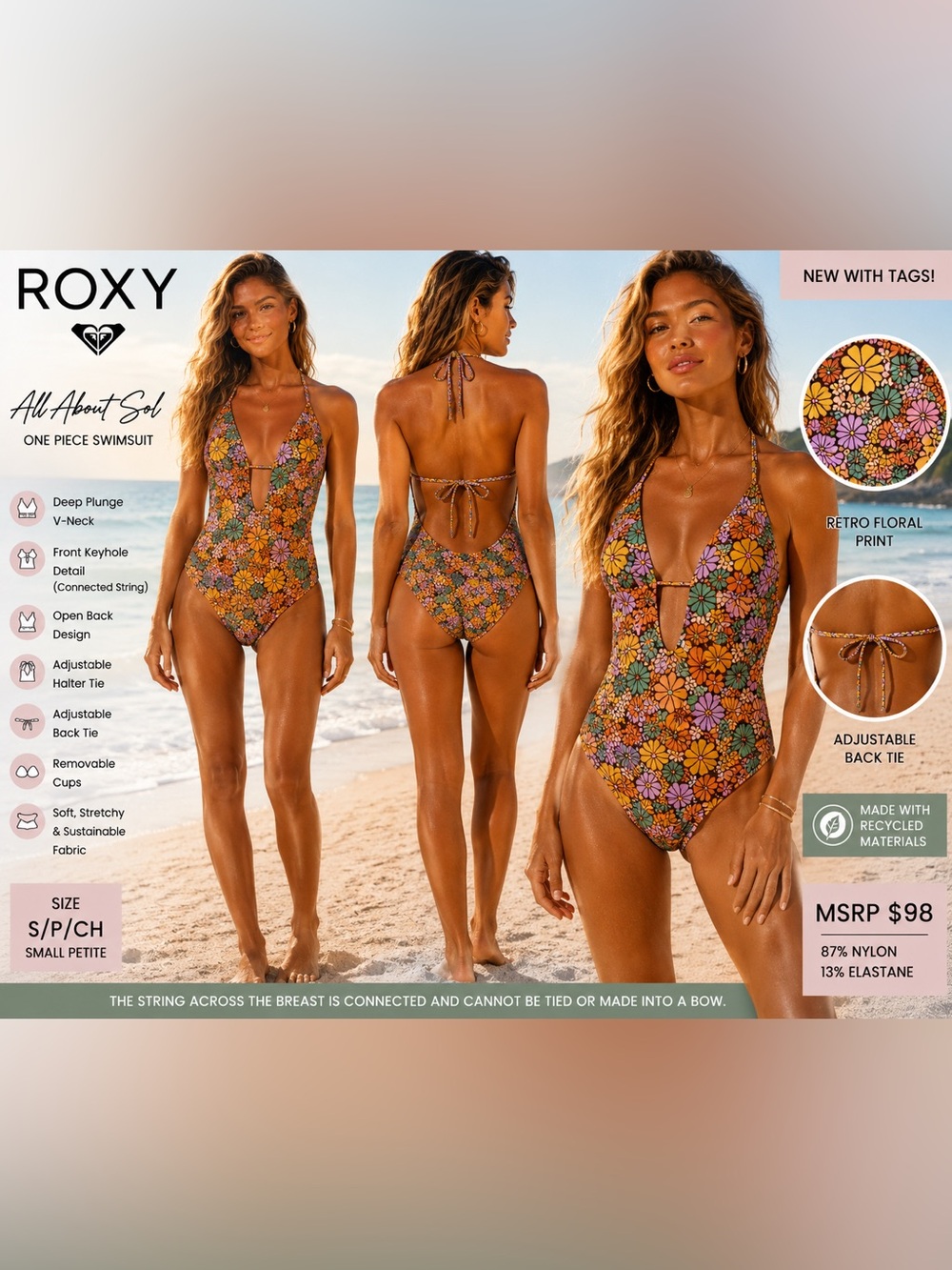NWT ROXY All About Sol Retro Floral One Piece Swimsuit Size Small Petite